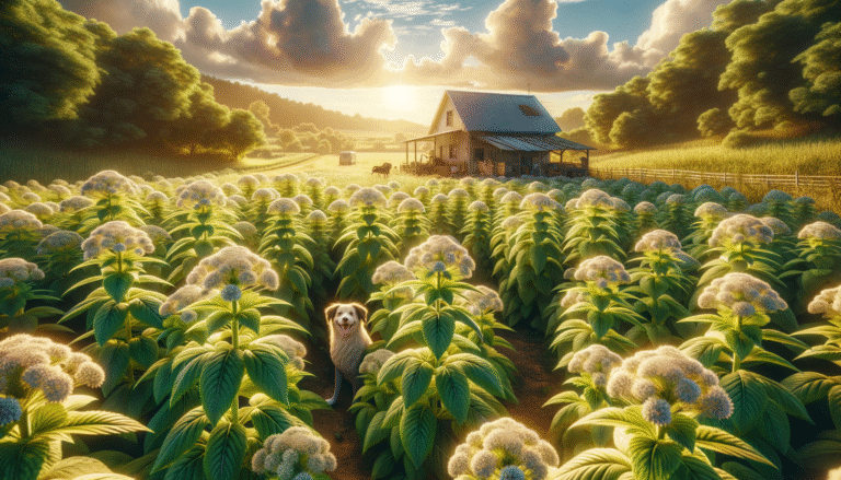Campo de epazote bajo el sol, con nubes, casa del agricultor y un perrito, ideal para la medicina natural.
