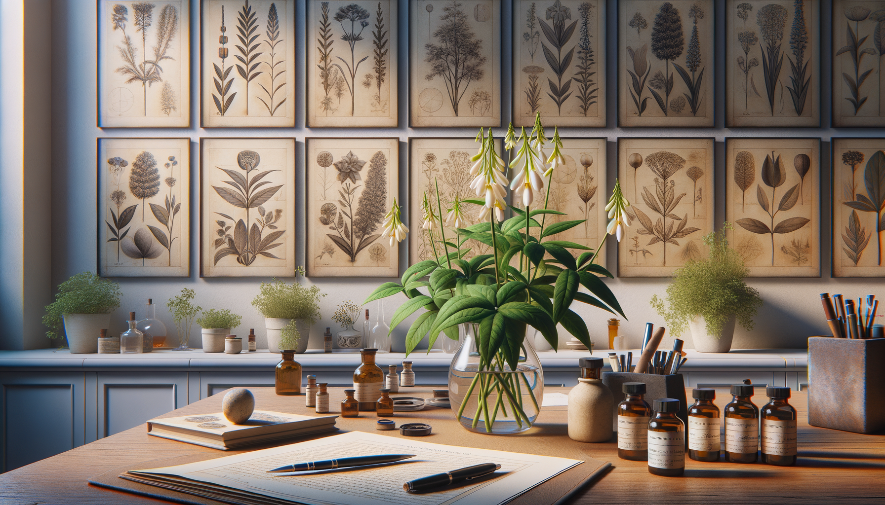 Planta de insulina sobre mesa, rodeada de litografías de plantas medicinales al estilo de Leonardo Da Vinci.